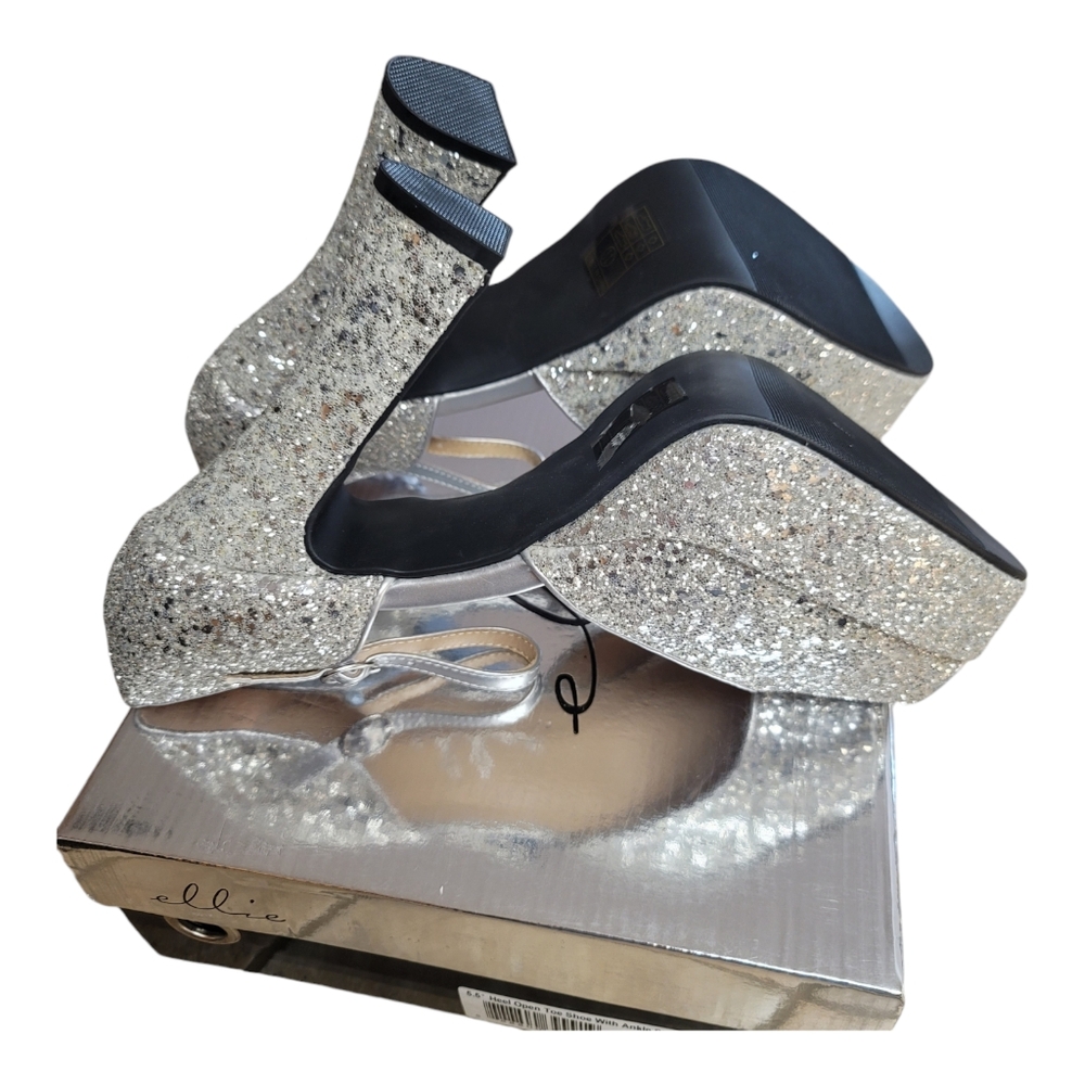 Ellie Heels Women's Size 11 Silver Open Toe With Buckle Ankle Straps 5.5" Shoe - Picture 7 of 13